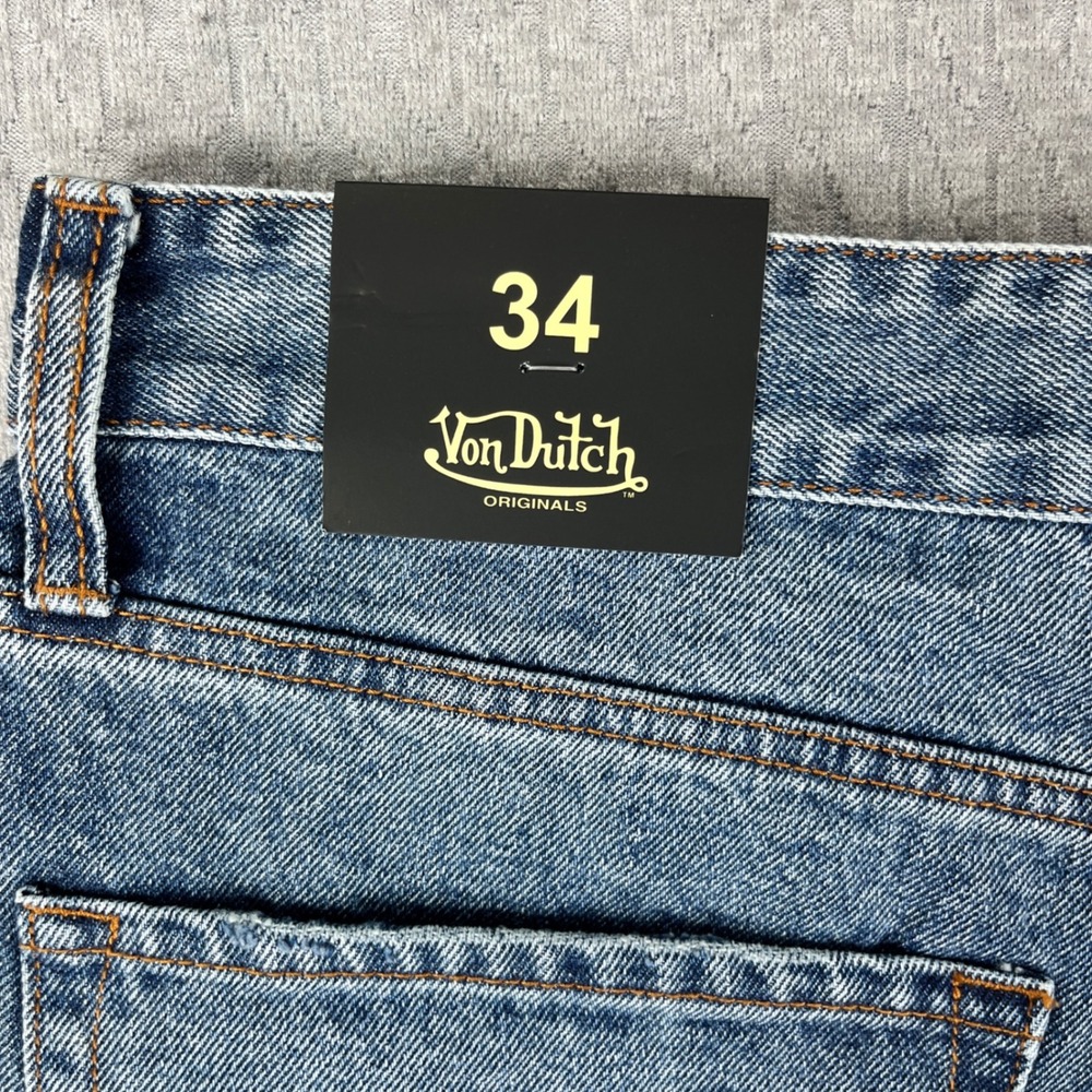 New Von Dutch Denim Shorts Men 34 Blue Originals Logo Patch Baggy Y2K Streetwear - Picture 2 of 14